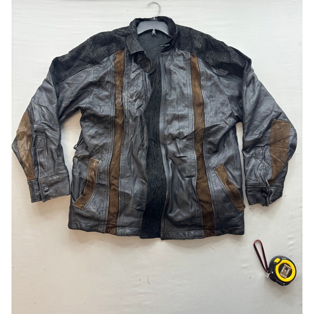 Vintage Pierre Cardin Leather Jacket Paneled Suede Black Brown Full Zip Large